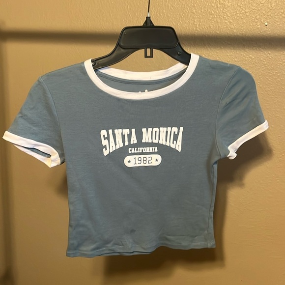 OG Babe 100% cotton Santa Monica 1982 Teal Crop Top T Shirt Size Small - Picture 1 of 5